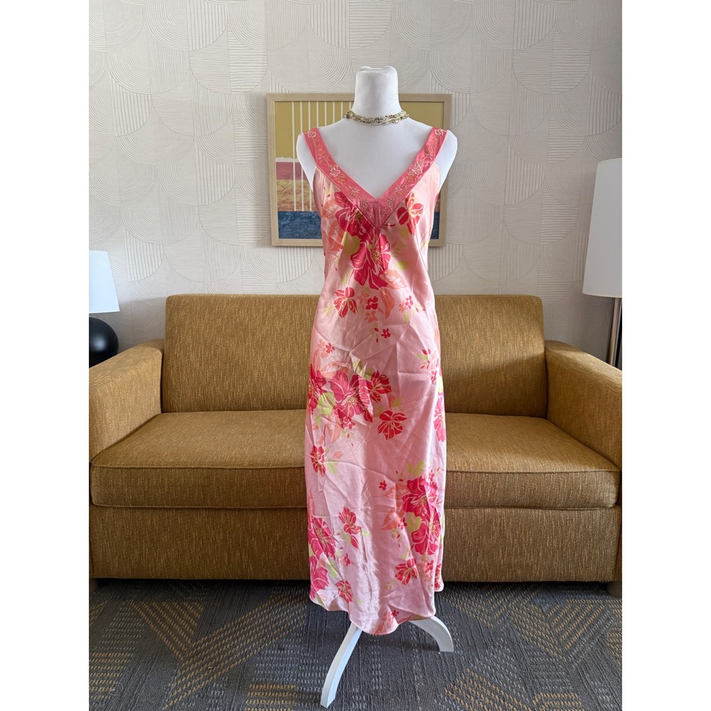Jones New York Pink Floral Satin Maxi Nightgown Embroidered V-Neck Large